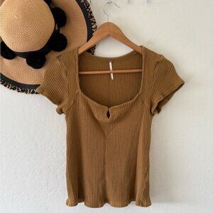 Free People Notch Your Girl Brown Cotton Ribbed Knit Top Size Large